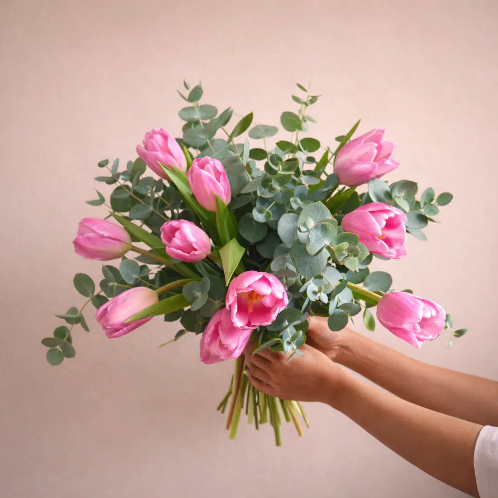 Ramo de Tulipán Rosa y Eucalipto — Flores Solidarias